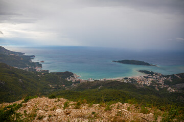 Summer Budva riviera coastline panorama landscape in Montenegro. View from the top of the mountain road.