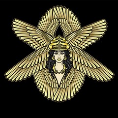 Cartoon drawing: beautiful woman in a horned crown with eight wings, a character in Assyrian mythology. Ishtar, Astarta, Inanna. Vector illustration isolated on a black background.