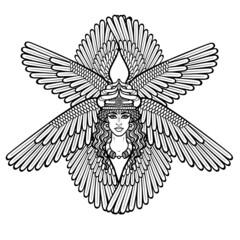 Cartoon drawing: beautiful woman in a horned crown with eight wings, a character in Assyrian mythology. Ishtar, Astarta, Inanna. Vector illustration isolated on a white background.