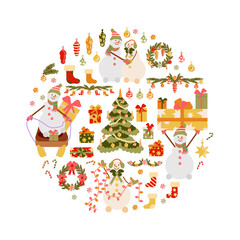  Collection winter symbol in cartoon style. Christmas and New year flat icons set.  Xmas pictogram isolated on white. Design icon for card, print, log. Round composition of the arrangement of elements