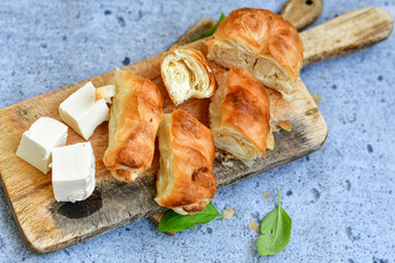 Bakery .Home made  cheese pie  with phyllo pastry and organic eggs. Traditional Bulgarian banitsa with white  feta cheese
