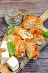 Bakery .Home made  cheese pie  with phyllo pastry and organic eggs. Traditional Bulgarian banitsa with white  feta cheese
