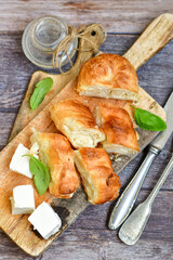 Bakery .Home made  cheese pie  with phyllo pastry and organic eggs. Traditional Bulgarian banitsa with white  feta cheese