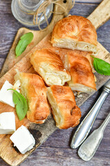 Bakery .Home made  cheese pie  with phyllo pastry and organic eggs. Traditional Bulgarian banitsa with white  feta cheese