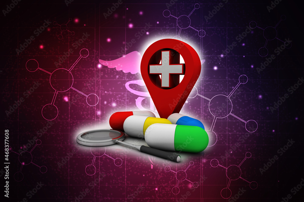 Poster 3d rendering hospital navigation with pill and lens