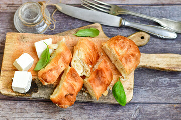 Bakery .Home made  cheese pie  with phyllo pastry and organic eggs. Bulgarian banitsa