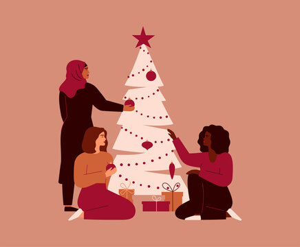 Women preparing for Christmas holidays and decorating Xmas tree. Females of different cultures and ethnicities gathered together near festive fir. Vector illustration