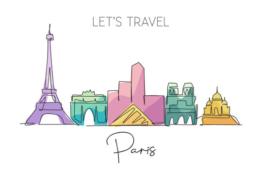 One single line drawing of Paris city skyline France. Historical skyscraper landscape in world. Best holiday destination wall decor poster print. Trendy continuous line draw design vector illustration
