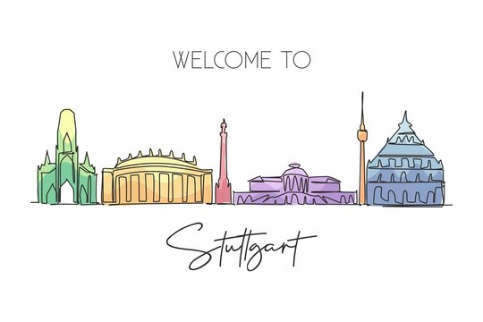 Single continuous line drawing of Suttgart city skyline, Germany. Famous skyscraper landscape. World travel home art wall decor poster print concept. Modern one line draw design vector illustration