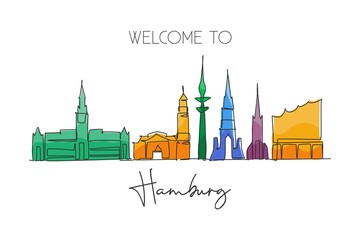 One continuous line drawing of Hamburg city skyline, Germany. Beautiful skyscraper. World landscape tourism travel wall decor poster print concept. Stylish single line draw design vector illustration - obrazy, fototapety, plakaty