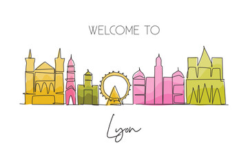 One continuous line drawing of Lyon city skyline, France. Beautiful skyscraper. World landscape tourism travel vacation wall decor poster concept. Stylish single line draw design vector illustration