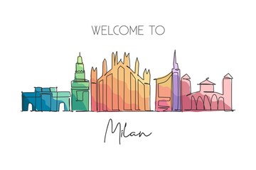 Fototapeta premium Single continuous line drawing of Milan city skyline, Italy. Famous city skyscraper landscape in world. World travel wall decor poster print concept. Modern one line draw design vector illustration