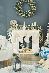 Christmas living room. Blue and white decor christmas tree background. New Year celebration. Merry Christmas and Happy New Year.