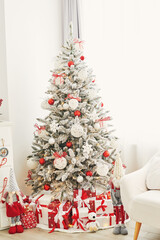 Christmas room. Red and white decor christmas tree background. New Year celebration. Merry Christmas and Happy New Year.