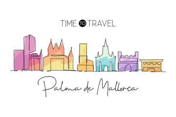 Single continuous line drawing of Palma de Mallorca city skyline. Famous skyscraper landscape postcard. World travel wall decor poster print concept. Modern one line draw design vector illustration © Simple Line