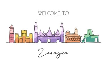 One continuous line drawing Zaragoza city skyline Spain. Beautiful skyscraper postcard. World landscape tourism travel vacation wall decor poster concept. Single line draw design vector illustration