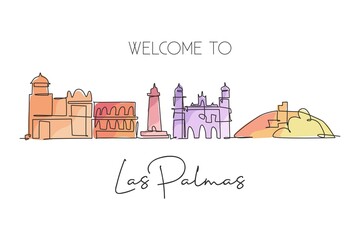 One single line drawing of Las Palmas city skyline Spain. Historical skyscraper landscape in world postcard. Best holiday destination wall decor poster. Continuous line draw design vector illustration