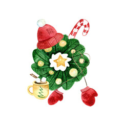 watercolor christmas composition, isolated, hand drawn illustration, print design