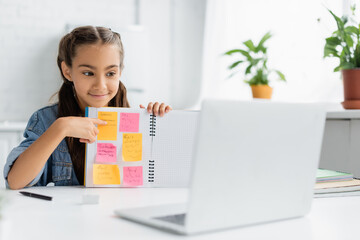 Schoolkid pointing at notebook with sticky notes during video call on blurred laptop at home