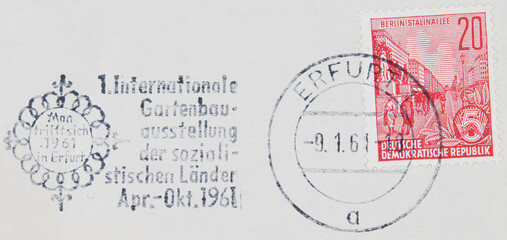 briefmarke stamp gestempelt used frankiert cancel vintage retrro alt old rot red slogan werbung...