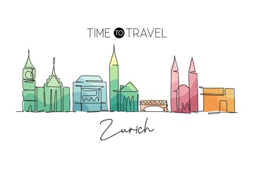 Single continuous line drawing of Zurich city skyline, Switzerland. Famous skyscraper landscape postcard. World travel concept home wall decor poster. Modern one line draw design vector illustration
