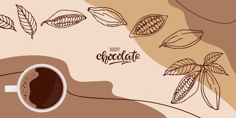 Hot Chocolate abstract background. Cocoa beans sketch, handwritten lettering. Design for menu, cafe, restaurant. Abstract backdrop for modern banner or posterFor packing, label, recipe design.