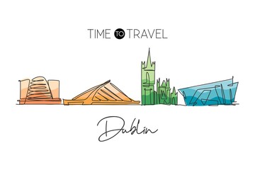 Fototapeta premium Single continuous line drawing of Dublin city skyline, Republic of Ireland. Famous landscape. World travel concept home wall decor poster print art. Modern one line draw design vector illustration