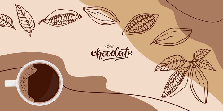 Hot Chocolate abstract background. Cocoa beans sketch, handwritten lettering. Design for menu, cafe, restaurant. Abstract backdrop for modern banner or posterFor packing, label, recipe design.