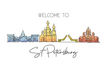 Naklejka premium One continuous line drawing of St. Petersburg city skyline, Russia. Beautiful landmark. World landscape tourism and travel vacation. Editable stylish stroke single line draw design vector illustration