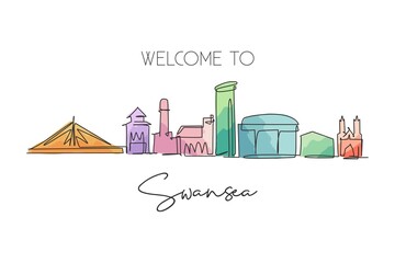 Single continuous line drawing of Swansea city skyline, United Kingdom. Famous city landscape. World travel concept home wall decor poster print art. Modern one line draw design vector illustration