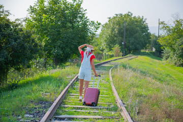 a traveler in a hat walks with a suitcase along the paths