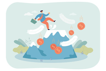 Businessman making mistake, falling down from top of mountain. Careless man losing money because of fail in business flat vector illustration. Bankruptcy warning, risk of financial accident concept