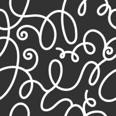 Seamless abstract pattern on black background. Vector doodle image. Graphic linear wallpaper.