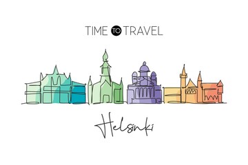 Fototapeta premium One continuous line drawing of Helsinki city skyline, Finland. Beautiful landmark. World landscape tourism travel vacation poster. Editable stylish stroke single line draw design vector illustration