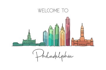 Obraz premium One continuous line drawing of Philadelphia city skyline, United States. Beautiful landmark. World city landscape travel vacation. Editable stylish stroke single line draw design vector illustration