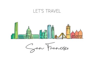 Obraz premium One single line drawing of San Francisco city skyline, USA. Historical town landscape in the world. Best holiday destination poster wall decor. Trendy continuous line draw design vector illustration