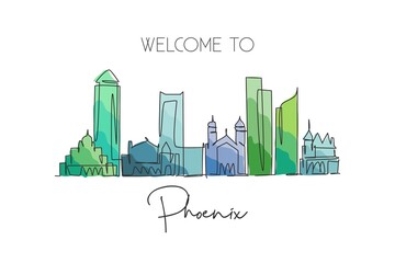 One continuous line drawing of Phoenix city skyline, United States. Beautiful landmark. World landscape tourism and travel vacation. Editable stylish stroke single line draw design vector illustration