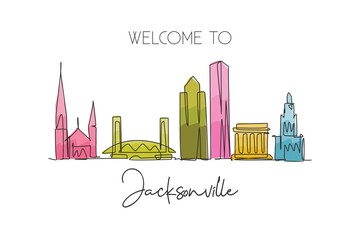 Fototapeta premium Single continuous line drawing of Jacksonville city skyline, USA. Famous city scraper and landscape. World travel concept home wall decor poster print. Modern one line draw design vector illustration