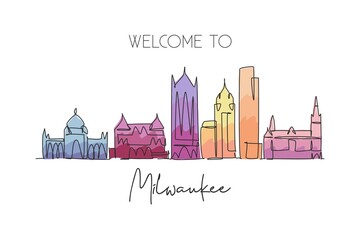 Naklejka premium One single line drawing of Milwaukee city skyline, USA. Historical town landscape. Best holiday destination home wall decor poster print art. Trendy continuous line draw design vector illustration