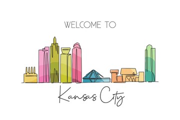 One single line drawing of Kansas city skyline, United States. Historical town landscape. Best holiday destination wall decor poster print art. Trendy continuous line draw design vector illustration - obrazy, fototapety, plakaty