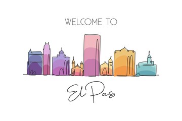 Obraz premium One single line drawing of El Paso city skyline, Texas. Historical town landscape. Best holiday destination home wall art decor poster print. Trendy continuous line draw design vector illustration