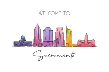 One single line drawing of Sacramento city skyline, California. Historical town landscape in the world. Best holiday destination. Editable stroke trendy continuous line draw design vector illustration - obrazy, fototapety, plakaty