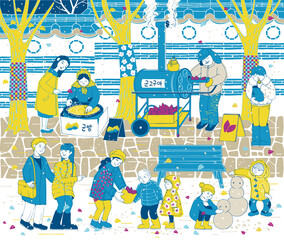 Winter street scene in South Korea with passersby and vendors selling roasted sweet potatoes and roasted chestnuts. Design for Poster, card, picture frame, fabric, web design and print project	
