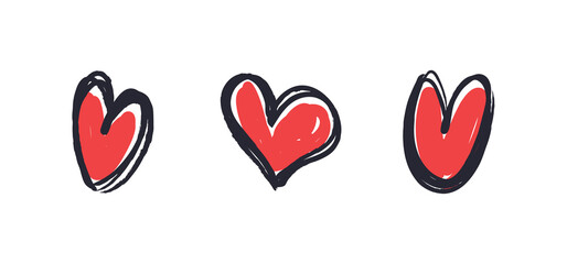 Doodle heart set. Hand drawn collection of hearts. Love symbol grungy sketches.