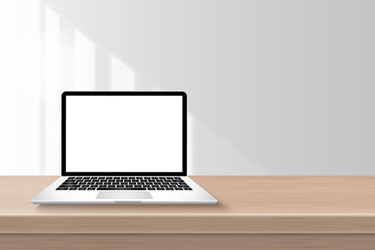 Office desk with laptop computer white screen on wooden table front view in white room modern. The sunlight shining through the freckles will reflect on the wall. Realistic 3D vector illustration.