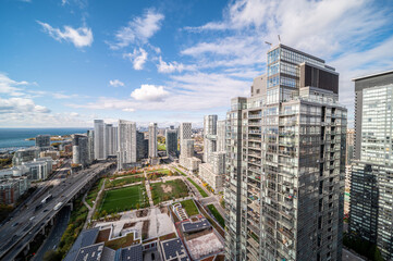 Toronto skyline Gardiner expressway and parks in the city blue sky and clouds 