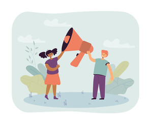 Cute boy and girl making announcement through huge megaphone. Caucasian and black students holding loudspeaker flat vector illustration. Communication, education, information concept for banner