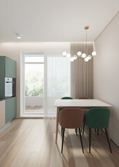 Small kitchen interior in modern style with green accents. 3D rendering.