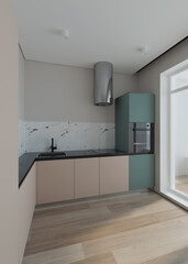Small kitchen interior in modern style with green accents. 3D rendering.