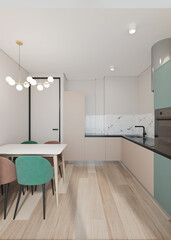 Small kitchen interior in modern style with green accents. 3D rendering.
